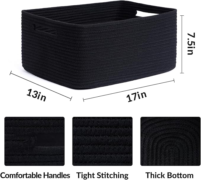 MiniArk Large Storage Baskets for Organizing, 17 x 13 x 7.5” Closet Shelf Baskets for Clothes Blanket Towels, Baby Nursery, Toy Bins Box, Woven Rope Baskets, 4 Packs Black - Image 2