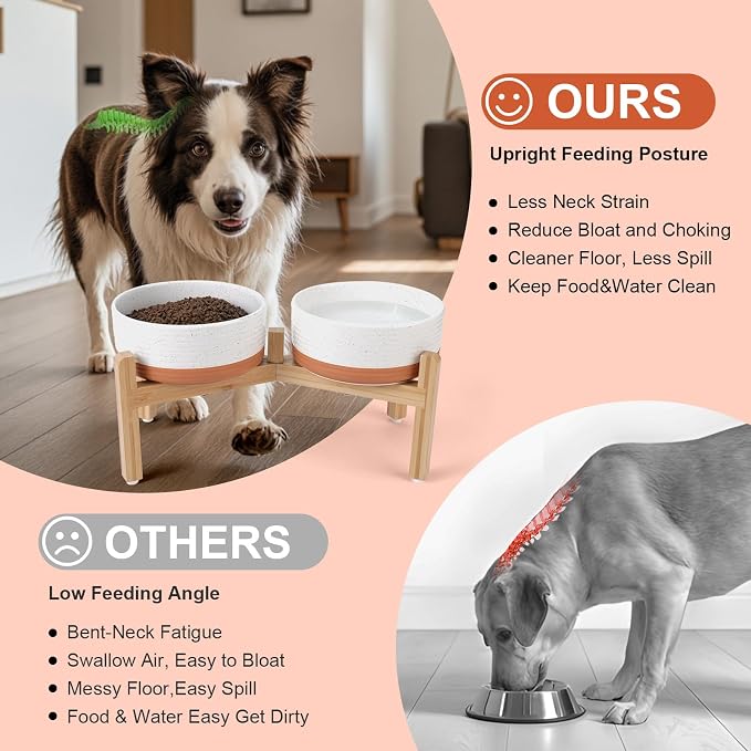 SPUNKYJUNKY Elevated Dog Bowls Ceramic, 7.3'' Dogs Food Water Bowls Raised with Non-Slip Bamboo Stand for Medium to Large Sized Breed Microwave Dishwasher Safe - 42 OZ,Pattern White - Image 3