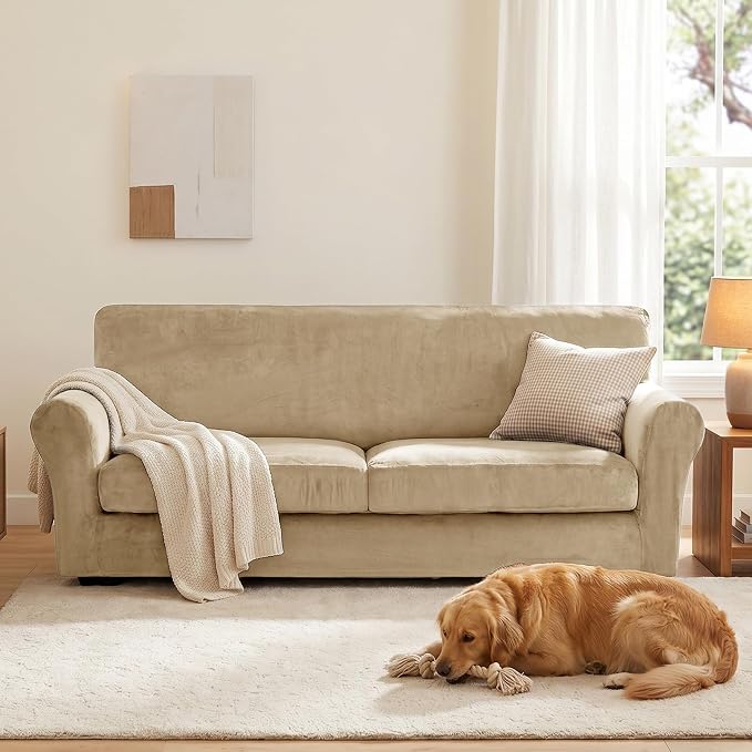XINEAGE 3-Piece Velvet Sofa Cover,Couch Covers for Dog,Camel | 2 Cushion Sofa,Stretch Non-slip Elastic, Pet-friendly, Washable, Fast Setup, Soft Plush Fabric, Furniture Protector. - Image 4