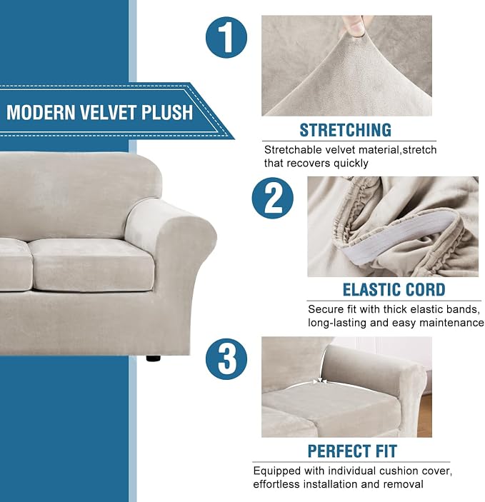 H.VERSAILTEX Modern Velvet Plush 4 Piece High Stretch Sofa Slipcover Sofa Cover Furniture Protector Form Fit Luxury Thick Velvet Sofa Cover for 3 Cushion Couch Width Up to 90 Inch (Sofa, Oatmeal) - Image 3