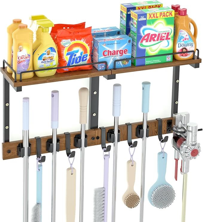 Mop Holder Wall Mount with Cleaning Supplies Organizer, Wood Mop and Broom Hanger Rack Organizer with Anti-Fall Wall Shelf with 5 Clips & Hooks for Garage Laundry Room Kitchen (Brown) by Casremee