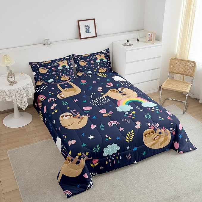 Cute Brown Sloth Comforter Set, Cartoon Animal and Flowers Rainbow Print Bedding Set for Kids Girls Boys Teens, Twin Size Quilted Duvet with 1 Pillowcase Decor Bedroom, Dark Blue - Image 4