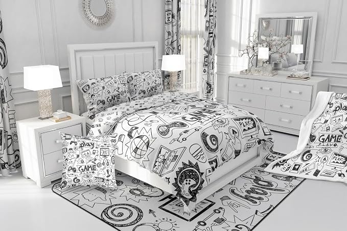 Erosebridal Gaming Comforter Set King, Kids Gamepad Cartoon Bedding Set Video Games Gamers Duvet Set Hip Hop Graffiti Quilt Set Racing Car Comforter Set, Black White Printed Bedroom Decor - Image 8