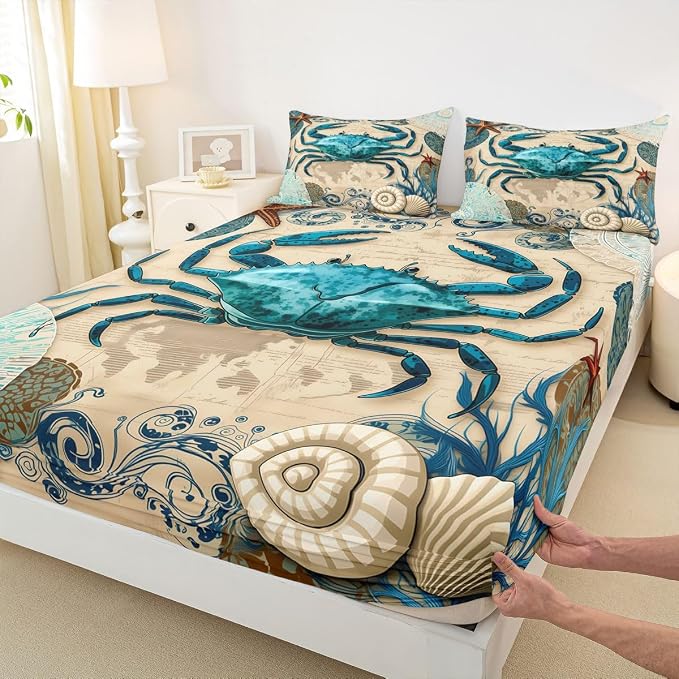 Beach Theme Bedding Set Kids Beach Crabs Print Full 4 Piece Sheet Set 3D Crab Luxury Microfiber Bed Sheets Set (1 Fitted Sheet, 1 Flat Sheet, 2 Pillowcases)Soft Cute Marine Life Decorative Bedding - Image 3