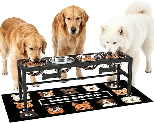 4-Bowl Elevated Dog Bowl Stand – 4 Adjustable Heights with 58oz/1700ml Stainless Steel Bowls & Splash Pad for Medium & Large Breeds, Multi-Pet Households by ADENGL
