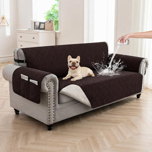 100% Waterproof Quilted Couch Cover,Straps&Pockets,68" Chocolate | Washable sofa cover, pet-friendly, scratch-resistant furniture protector, quilted sofa cover, reversible, non-slip backing. by Unknown