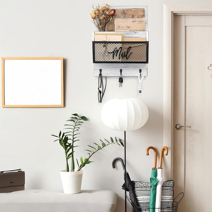 Yalikop Farmhouse Mail Organizer Wall Mounted Rustic Mail Holder Hanging Key Sorter with 3 Hooks Indoor Wooden Wall Mounted, Letter, Magazines, Newspapers, Keys(Classics,White Gray) - Image 7
