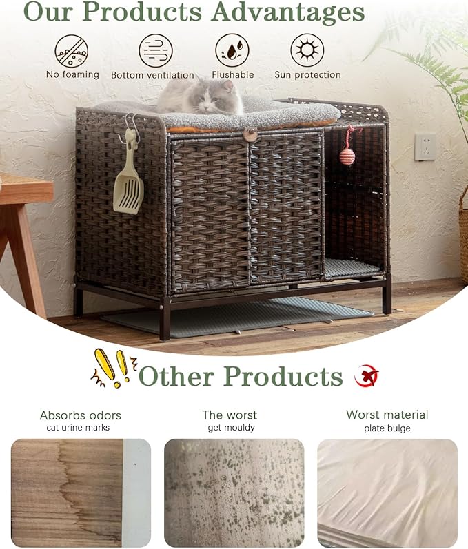 SETVSON Cat Litter Box Enclosure Furniture with Divider, Cat Cabinet, Brown | Handwoven PE Rattan with Soft Litter Mat, 3.54-In Heightened Metal Feet, Spacious & Comfortable, 31.2 x 19.6 x 24.2 In - Image 3