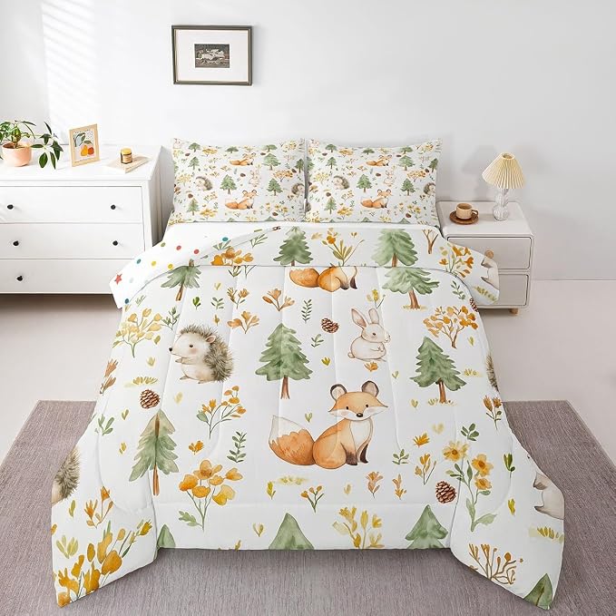 Manfei Cartoon Animals Comforter Set Full Size,Cute Fox Rabbit Hedgehog Bedding Set Kids Boys Men Room Decor,Watercolor Flower Tree Pine Cone Down Comforter Soft Duvet Insert,2 Pillowcases - Image 3