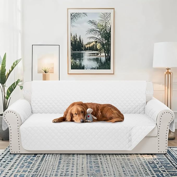 Reversible Couch Cover for 3 Cushion, Sofa, White/White | Couch Cover for Sofa, Pet Friendly Water Repellent Couch Sofa Cover, Washable Furniture Protector with Elastic Straps - Image 2