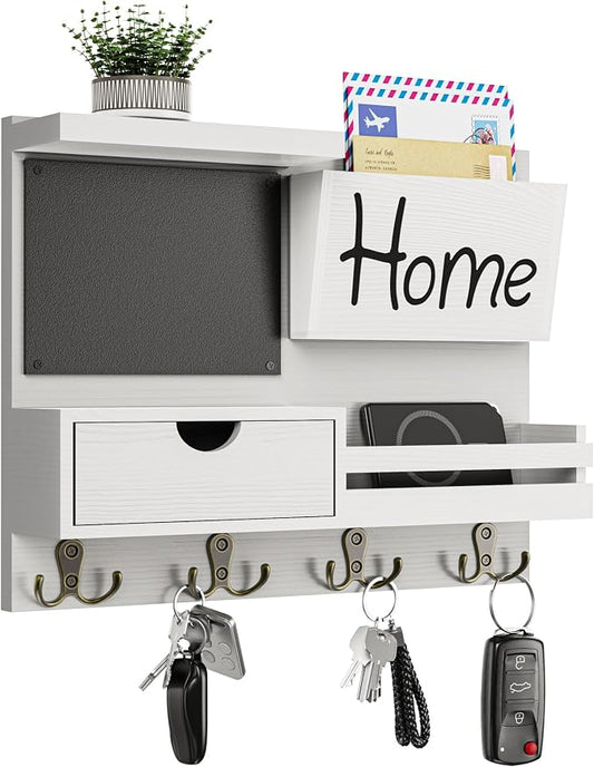 Farmhouse Key Holder for Wall with Mail Organizer - Easy Installation Wall Mount Organizer, Includes Chalkboard, Drawer, Wallet Holder & 4 Double Hooks, Ideal for Entryway, Quick Access - White by Dvobez