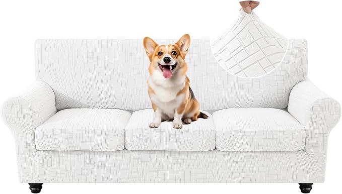 4 Piece Stretch Sofa Covers for 3 Cushion Couch, Non Slip Couch Covers for Sofa, Pet Couch Cover Washable, Couch Slipcover for Dogs, Kids (Off-White), 91"-110" (3 Cushion XL Sofa) by CYCMACOHOME