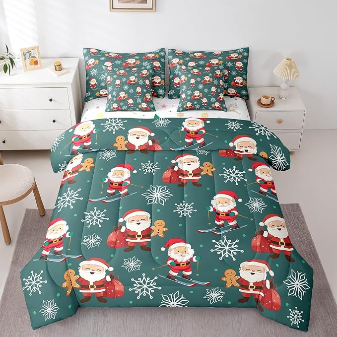 Erosebridal 7Pcs Cartoon Santa Claus Comforter Set Twin Size,Xmas Gingerbread Bedding Set,Christmas Snowboard Snowflake Bed in A Bag,Cute Christmas Ornaments Quilt with Flat Fitted Sheet by Erosebridal