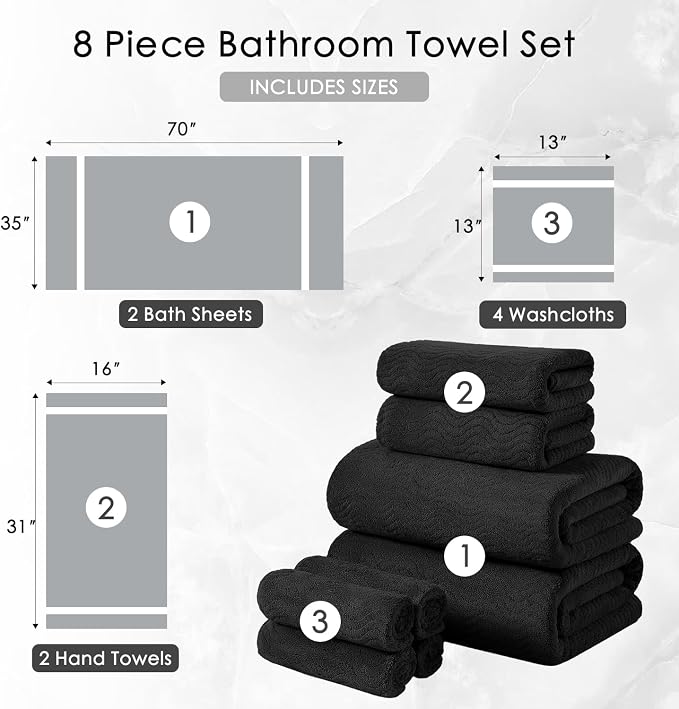 8 Piece Bath Towel Set Black|2 Oversized Large Bath Sheet,2 Hand Towels,4 Washcloths| Ultra Soft Cozy Bath Towel Set for Bathroom Hotel Gym Spa,Highly Absorbent & Quick Dry Bathroom Towel Collections - Image 5