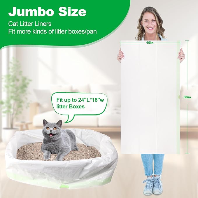 100 PCS Jumbo Cat Litter Box Liners for Large Litter Tray, 36"x19" | 3MIL Extra Thick, Heavy Duty, Tear & Leak Resistant, Drawstring Close - Image 2
