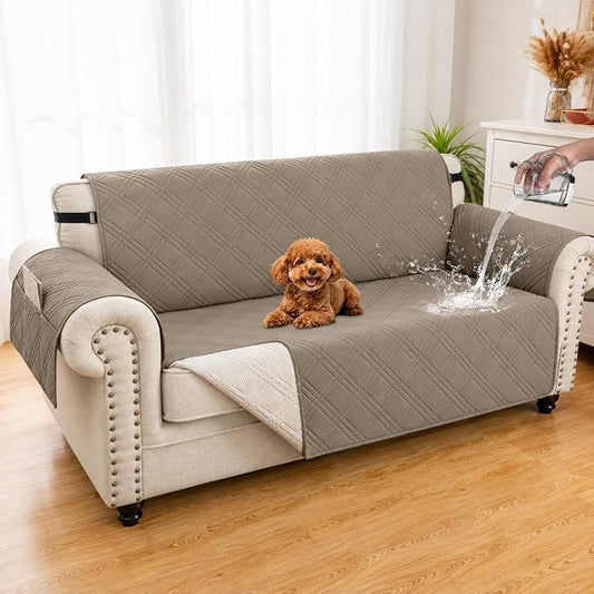 100% Waterproof Couch Cover for Dogs, Anti-Slip Washable Sofa Cover with Elastic Straps & Side Pockets, Durable Furniture Protector for Kids & Pets (Loveseat 46", Camel) by Unknown