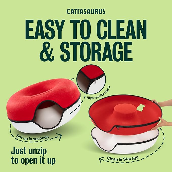 Cattasaurus Peekaboo Cat Cave, Extra Spacious for Multiple & Large Cats 12+ lbs, Scratch Detachable Cat Beds for Indoor Cats, Washable Tunnel Bed, Comfy Donut Tunnel (Ruby Snowball, Jumbo) - Image 7