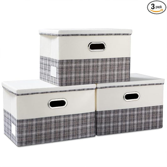 PRANDOM Large Collapsible Storage Bins with Lids [3-Pack] Fabric Foldable Storage Boxes Organizer Containers Baskets Cube with Cover for Home Bedroom Closet Office Gray plaid & Cream(17.7x11.8x11.8) by Prandom