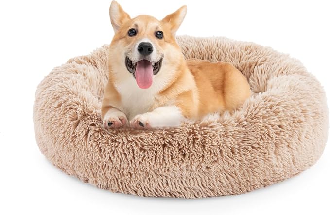 FluffyDream 30 Inch Calming Donut Bed for Dogs and Cats, Brown Washable Plush Fur Cuddle Bed by FluffyDream