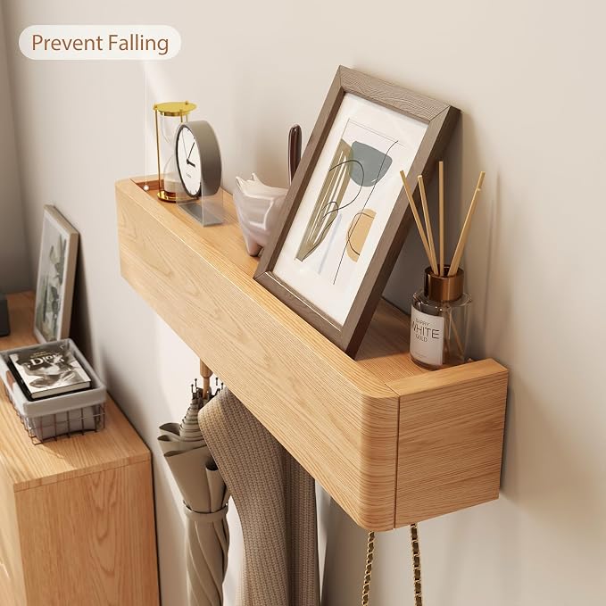 CycleCrew Solid Wood Wall Mounted Coat Rack with Shelf Hooks - Modern Floating Shelves with 5 Hidden Hooks, Heavy Duty Entryway Coat Key Holder Hanger for Hallway Bathroom Bedroom Home Decor - Image 7