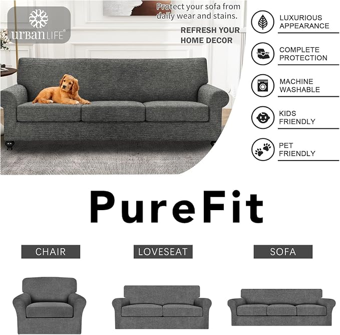 URBANLIFE 4-Piece Stretch Sofa Covers for 3 Cushion Couch, Gray | Super fitted spandex slipcovers for couches. Non-slip elastic bottom. Machine washable furniture protector for kids & pets. - Image 6
