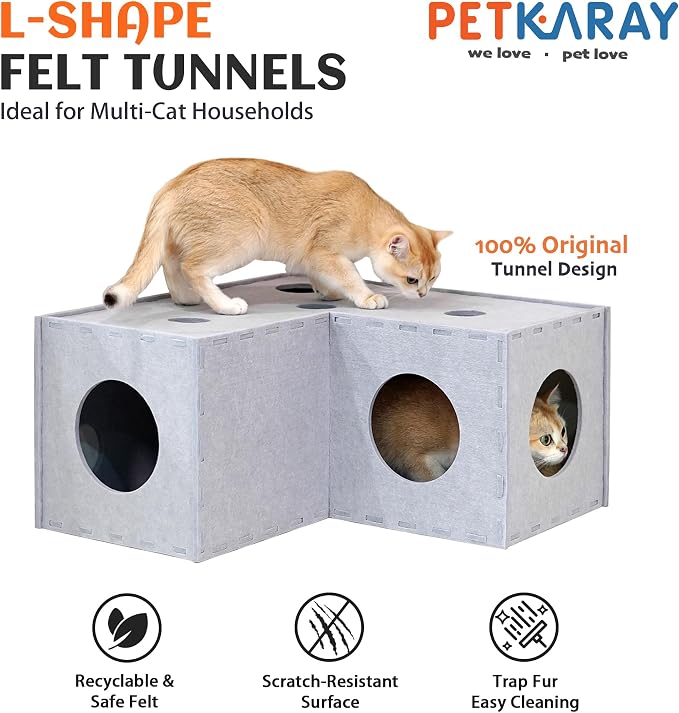 PETKARAY Cat Tunnel, Original Cat Hideaway Cave for Indoor Cats, Large Kitten Play Tubes and Tunnels, Soft Felt Cat Toy with Interactive Peek Hole, Grey L Shape - Image 2