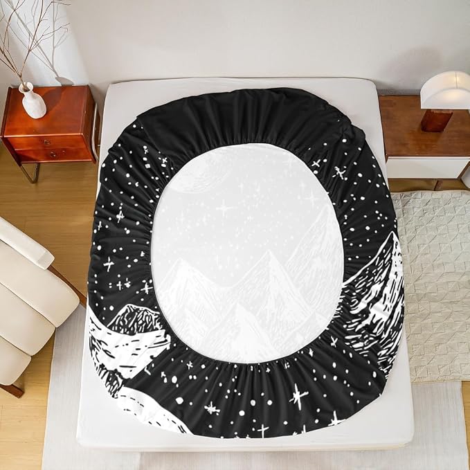 Sun Moon Bed Sheets Full Size 4Pcs Abstract Sun Stars Sheet Set for Kids Boys Mystic Chic Boho Flat Sheet Teens Adult, Mountain Tree Sketch Bedroom Decor Fitted Sheet with 2 Pillowcases,Black White - Image 6