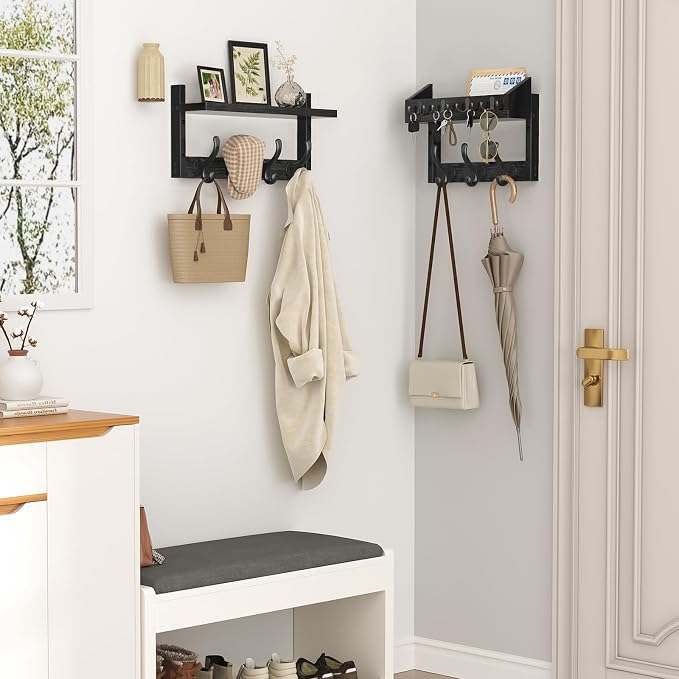 Evermagin 29" Coat Rack Wall Mount with Shelf & 11 Hooks, Entryway, Black | 4-in-1: coat hooks, key hanger, mail holder & display shelf. Pine wood. For bedroom, hallway, mudroom, livingroom - Image 3