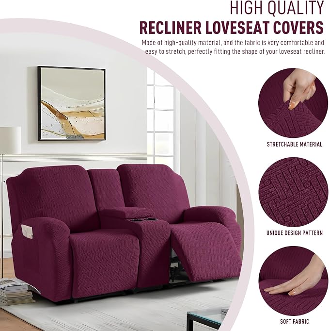 KinCam Loveseat Recliner Covers with Middle Console Slipcover, Burgundy | Stretch Recliner Sofa Covers for 2 Seat Couch Cover, Jacquard Furniture Protector Covers with Elastic Bottom for Kids, Pets - Image 2