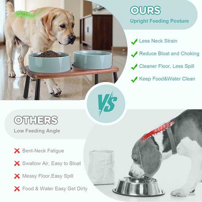 SPUNKYJUNKY Ceramic Elevated Dog Bowls Raised with Acacia Bamboo Wooden Stand, 8.3'' Dog Food Water Bowls Set Non-Slip for Medium Large Sized Breed Microwave Dishwasher Safe - 60 OZ,Light Green - Image 3
