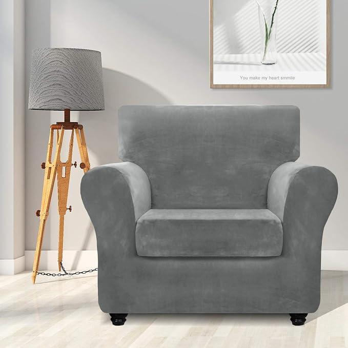 ZNSAYOTX Luxury Velvet Chair Slipcovers with Arms 2 Piece Stretch Chair Covers for Living Room Thick Soft Armchair Slipcover Anti Slip Dog Pet Friendly Furniture Protector (Grey),30"-47"(1 Cushion) - Image 2