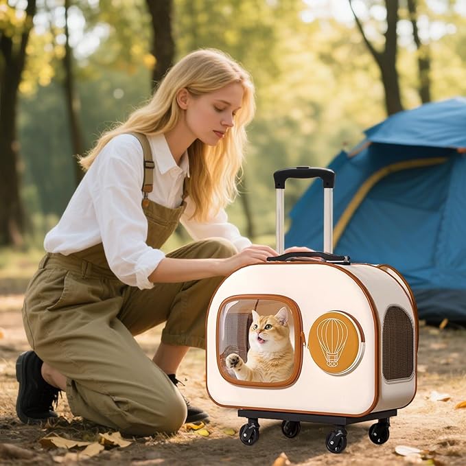 Dog Backpack Carrier with Wheels,Rolling Cat Carrier Backpacks Under 13.2lbs,Breathable,Foldable Pet Backpack for Small Dogs and Medium Cats with Detachable Trolley,Airline Approved