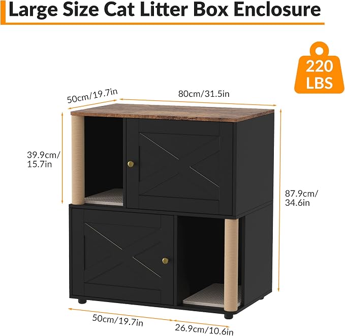 Cat Litter Box Enclosure, Modern Cat Litter Box Furniture Hidden, Wooden Litter Box Cabinet for 2 Cats, Litter Box Enclosure with Cats Scratching Post, Fits Most Litter Boxes，Black - Image 2