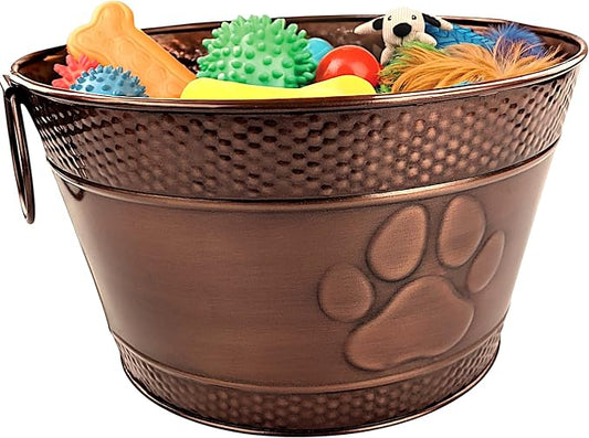 BREKX Metal Indestructible Dog Toy Bin - Chew-Proof Storage Bin | Copper Finish Farmhouse Organizer Storage Basket for Pet Toys, Blankets, Leashes with a Embossed Paw-Print by BREKX