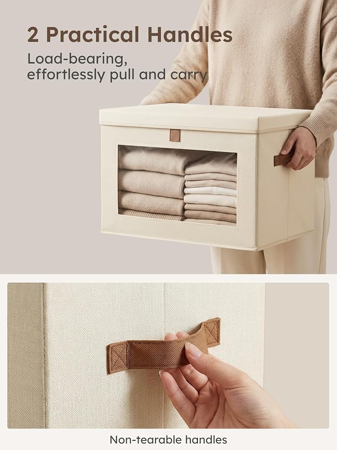Homsorout Large Closet Storage Organizer - Clothes Storage Bins with Handles & Window, Collapsible Decorative Boxes with Lids, Fabric Containers for Living Room, Dorm, 5 Pack, Beige - Image 5