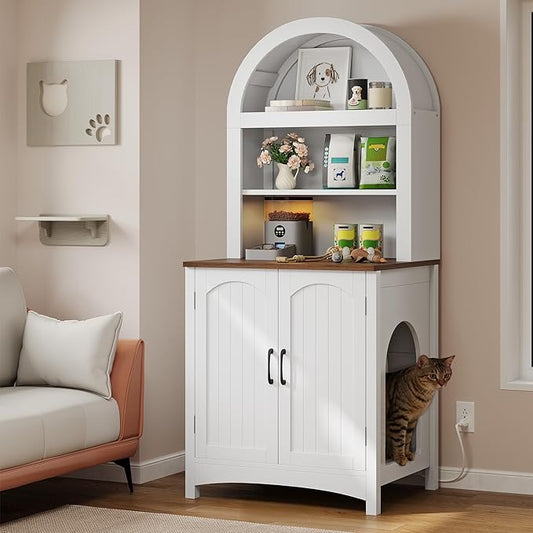 DWVO 70.8in Large Hidden Cat Litter Box Furniture with Shelves | High-Gloss Modern Litters Box Enclosure for Self-Cleaning Litter Boxes, Large Hidden Wooden Cabinet, White by DWVO