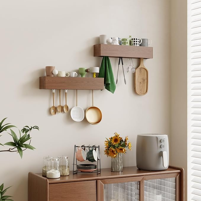 CycleCrew Solid Wood Wall Mounted Coat Rack with Shelf Hooks - Modern Floating Shelves with 5 Hidden Hooks, Heavy Duty Entryway Coat Key Holder Hanger for Hallway Bathroom Bedroom Home Decor - Image 7