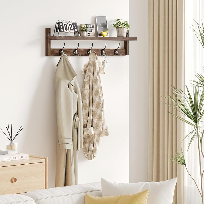 AMBIRD 28.9 Inch Length Shelf with Hooks Entryway Coat Rack Wall Mount Wood Coat Hooks with Shelf Wall-Mounted Coat Hook Rack with 5 Dual Hooks for Bathroom, Living Room, Bedroom (Brown) - Image 2