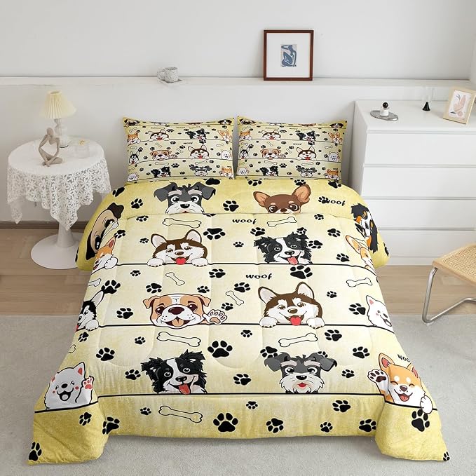 Manfei Kawaii Dog Puppy Comforter Set with 2 Pillowcases,Likable Paw Print Super Soft Microfiber Bedding Set for Adults Teens,Lovable Dog Pet Animals Duvet Set for Room Decor,King by Manfei