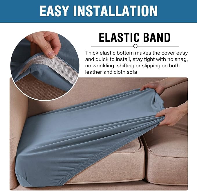 H.VERSAILTEX Velvet Stretch Couch Cushion Cover Plush Cushion Slipcover for Chair Loveseat Sofa Cushion Furniture Protector Seat Cushion Sofa Cover (2 Piece Large Sofa Cushion Covers, Stone Blue) - Image 4