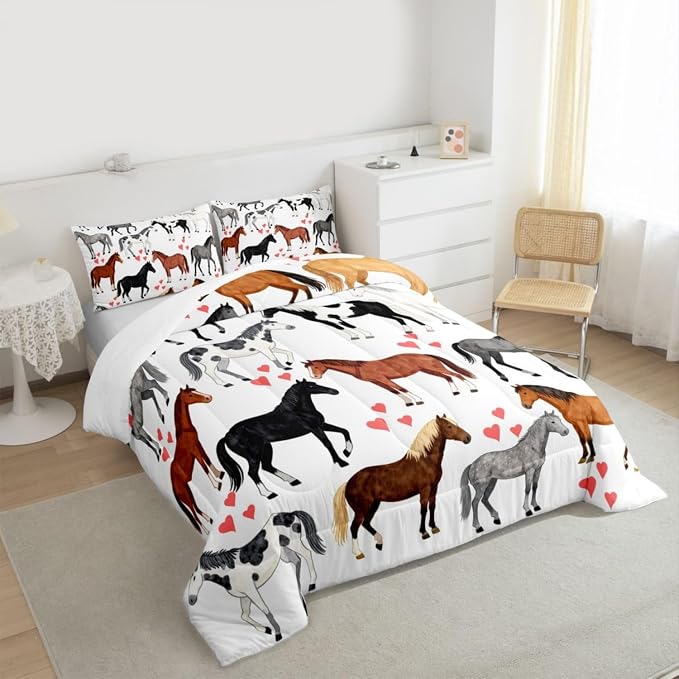 Erosebridal Horse Comforter Set Twin Farm Bedding Set Kids Boys Girls Teens Cute Animal Duvet Set Cartoon Horses with Pink Lover Heart Decor Kawaii Quilt Set Cowboy Cowgirls Comforter Set - Image 3