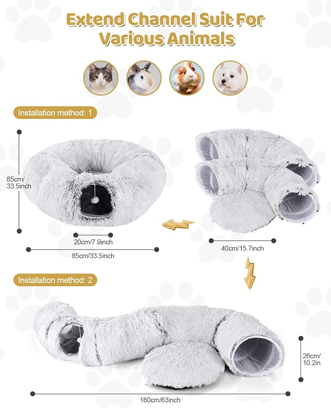 Cat Tunnel Bed with 20 Pcs Interactive Toys, 3-in-1 DIY Collapsible Plush Cat Tube with Washable Mat, Large Indoor Play Tunnel Cave for Kittens and Small Animals - Image 3