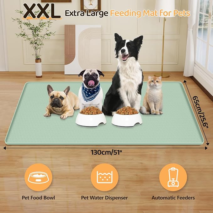 Dog Food Mat 51''x25.6'' Extra Large Dog Mat for Food and Water,Green | Silicone Dog Bowl Mat with Raised Edge, Waterproof Non-Slip Pet Feeding Mat for Floors, fit for Dog Cat Bowls - Image 2