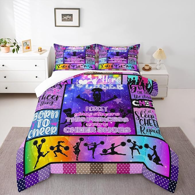 Gymnastics Athlete Silhouette Comforter Set Queen Size,Cheerleading Dance Spin Bedding 3pcs for Kids Teens Girly Room Decor,Geometric Plaid Dot Quilt Set,Purple Stylish Duvet Insert,2 Pillowcases - Image 5