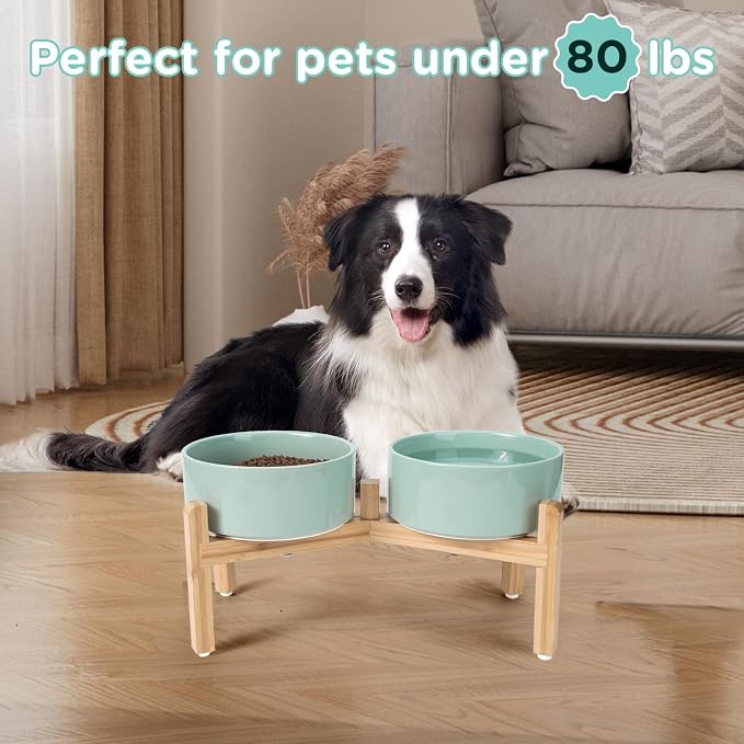 SPUNKYJUNKY Elevated Dog Bowls Ceramic, 7.3'' Dogs Food Water Bowls Raised with Non-Slip Bamboo Stand for Medium to Large Sized Breed Microwave Dishwasher Safe - 42 OZ,Light Green - Image 7