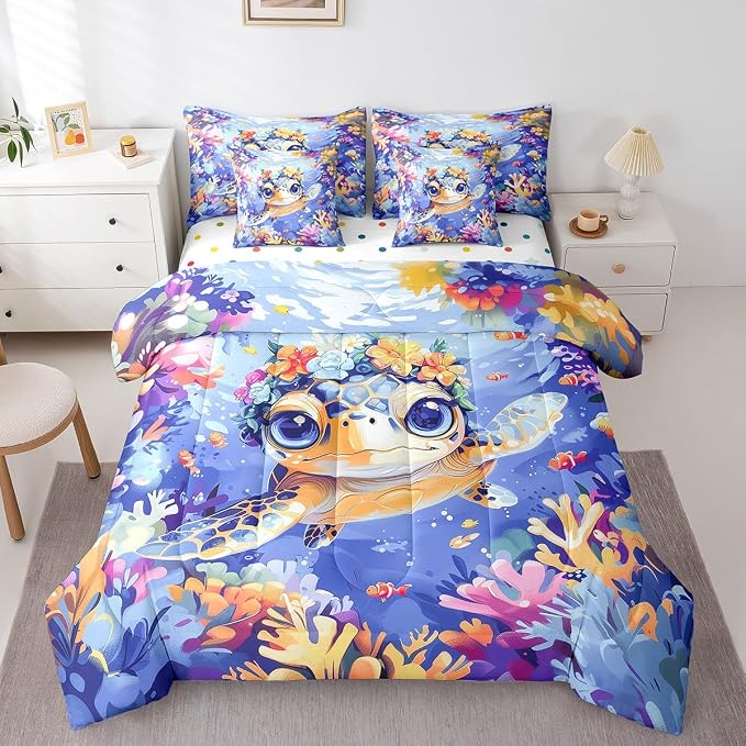 Erosebridal Cute Sea Turtle 7-Piece Bedding Set King Size for Kids, Marine Life Comforter Set with Sheets, Sea Animal Bed in A Bag, Watercolour Coral and Flowers Bedding Comforter Sets - Image 3
