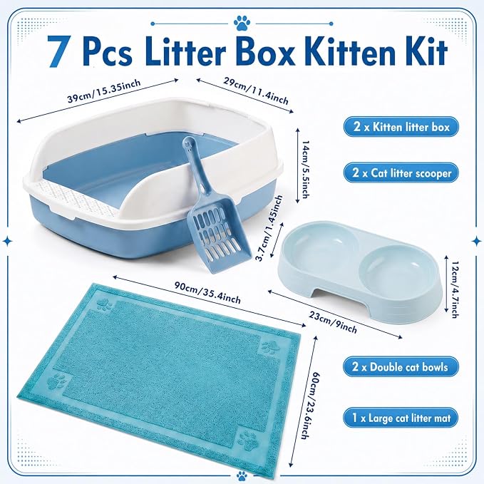 Sliner Kitten Litter Box Low Entry Starter Kit – 7pcs Set with 2 Litter Boxes, 2 Bowls, Scoop & Waterproof Mat, High Sided Cat Toilet for Small Kittens up to 6.6lb (Blue) - Image 2