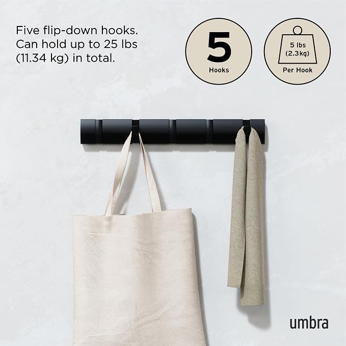Umbra Flip Coat Rack, Wall Mounted 5-Hook Space Saving, Black/Black | Real wood and steel build, retractable hooks fold flat, holds coats bags and scarves, easy install - Image 5