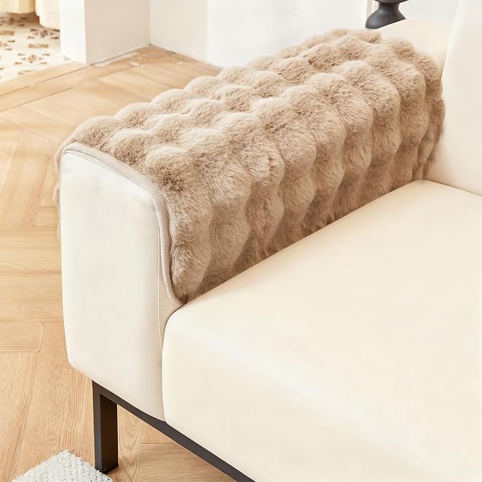 DREAMINGO Faux Fur Couch Armrest Cover, Soft Plush Sofa Covers for Pet Washable, Non Slip Furniture Protector for 2-3 Cushion Couch Sofa, 27.6x27.6 Inch, Coffee by DREAMINGO