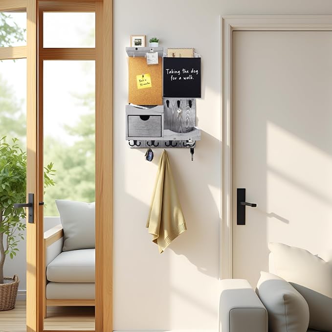 Key Holder Wall Mount， Mail Organizer Key Holder for Wall with Shelf, Drawer, Chalkboard, Corkboard, Home Decor Wall Mounted for Room Entryway(Grey) - Image 4